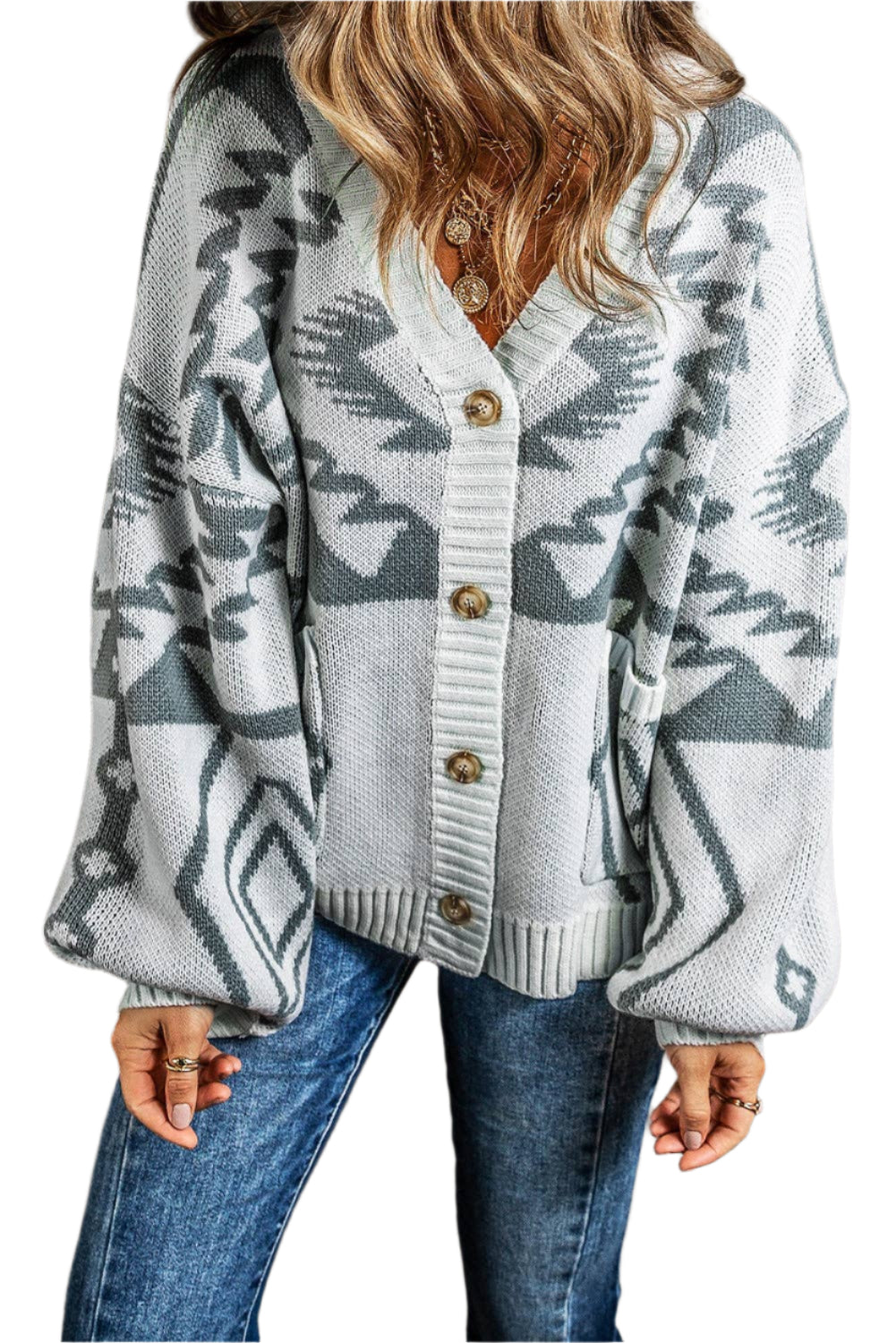 Full Time Purchase Women's Sweater - Grey Geometric Pattern Ribbed Trim Button-Up Cardigan