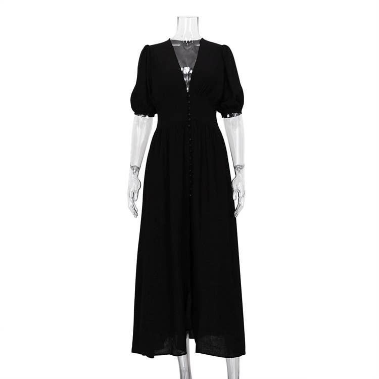 Sweetkama Ladies Solid Color V-Neck Open Casual Dress Black