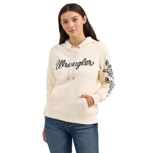 Wrangler Women's Long Sleeve Hoodie - Pearled Ivory with Wrangler Logo on Front