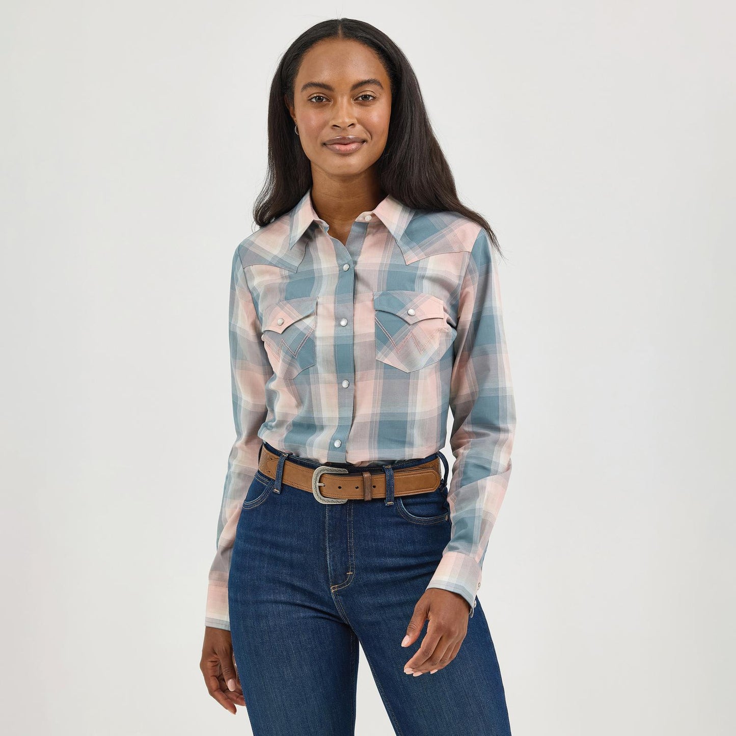 Wrangler Women's Long Sleeve Essential Top - Pink and Teal Plaid
