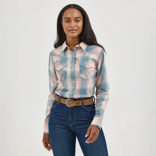 Wrangler Women's Long Sleeve Essential Top - Pink and Teal Plaid