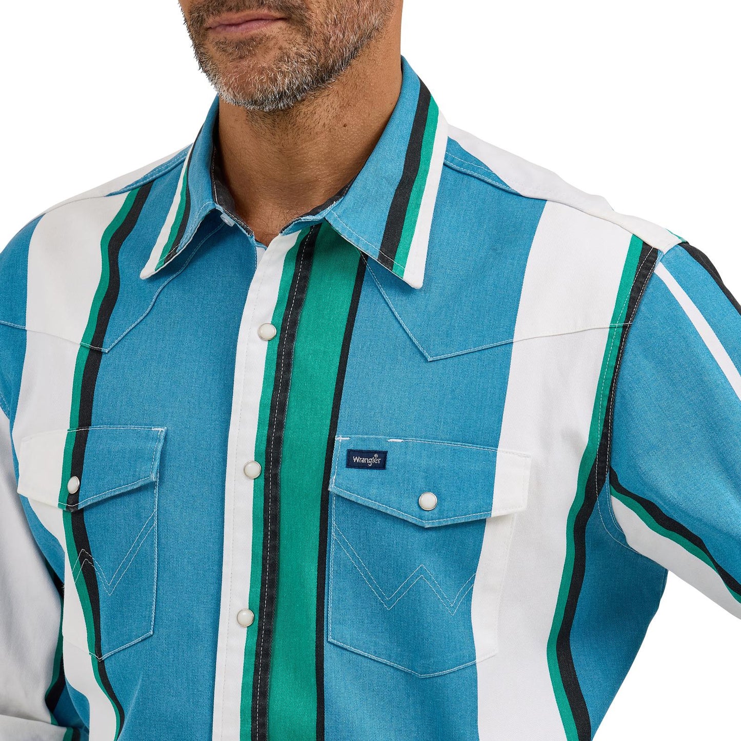 Wrangler Men's Long Sleeve Vintage Inspired Classic Fit Blue Multi Stripe Shirt