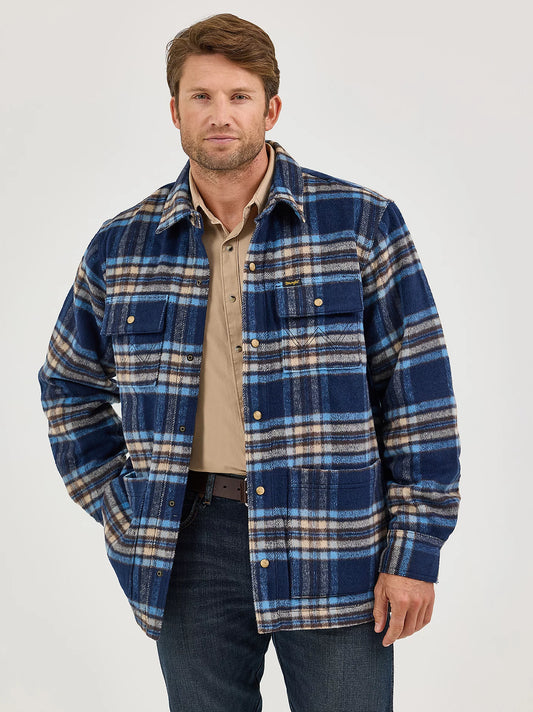 Wrangler Men's Quilt Lined Flannel Blue Plaid Shirt Jacket