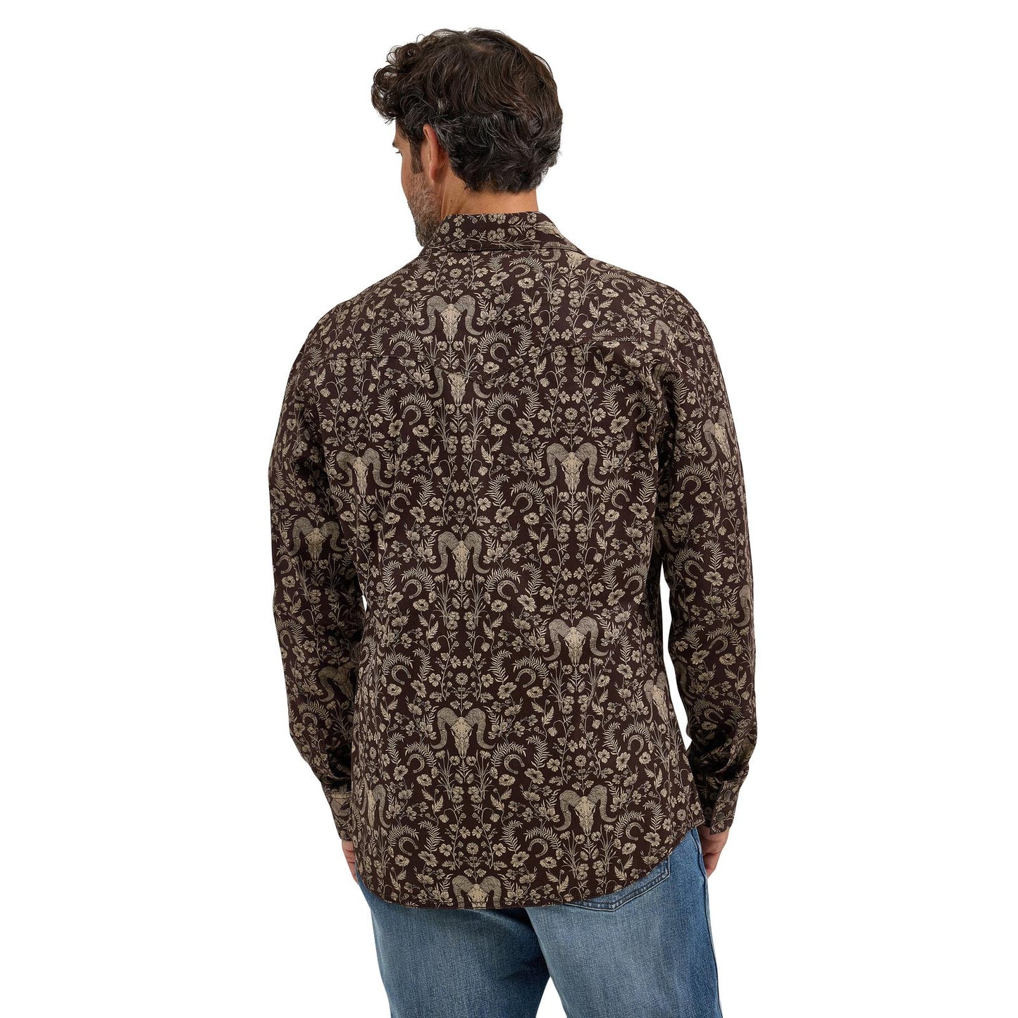 Wrangler Men's Long Sleeve Retro Premium Brown Print Modern Fit Shirt