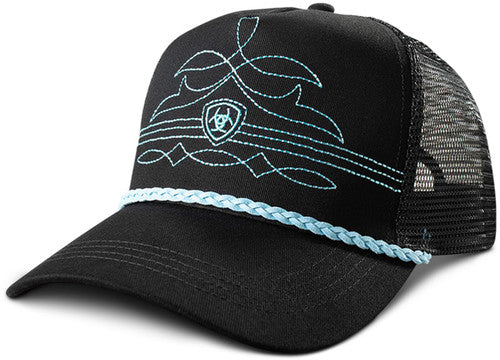 Ariat Ladies Ponyflo Cap Black with Turquoise Boot Stitching and Snap Back