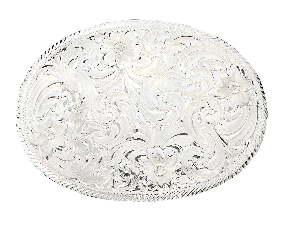 Montana Silversmiths Oval Silver Engraved Western Belt Buckle with Etched Trim