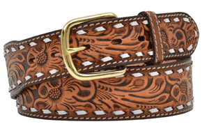 3-D Belts Floral Embossed and White Stitching on Edge Belt