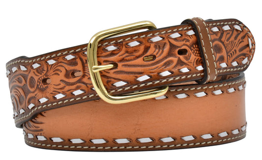 3-D Belts Floral Embossed and White Stitching on Edge with Space for Name