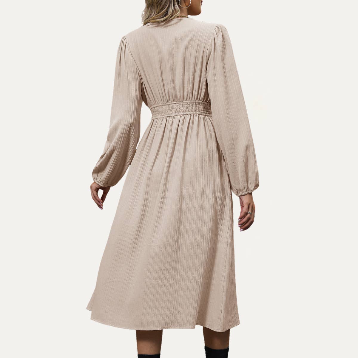 The Moment Collection - Memorable Beige Textured Button-Front Long Sleeve Midi Dress