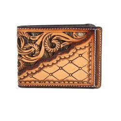 3D Leather Calf Hair Hand Tooled Overlaid Bifold Wallet