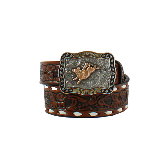 3-D Belts Children's Brown Floral Tooled with All Around Champion Bull Buckle