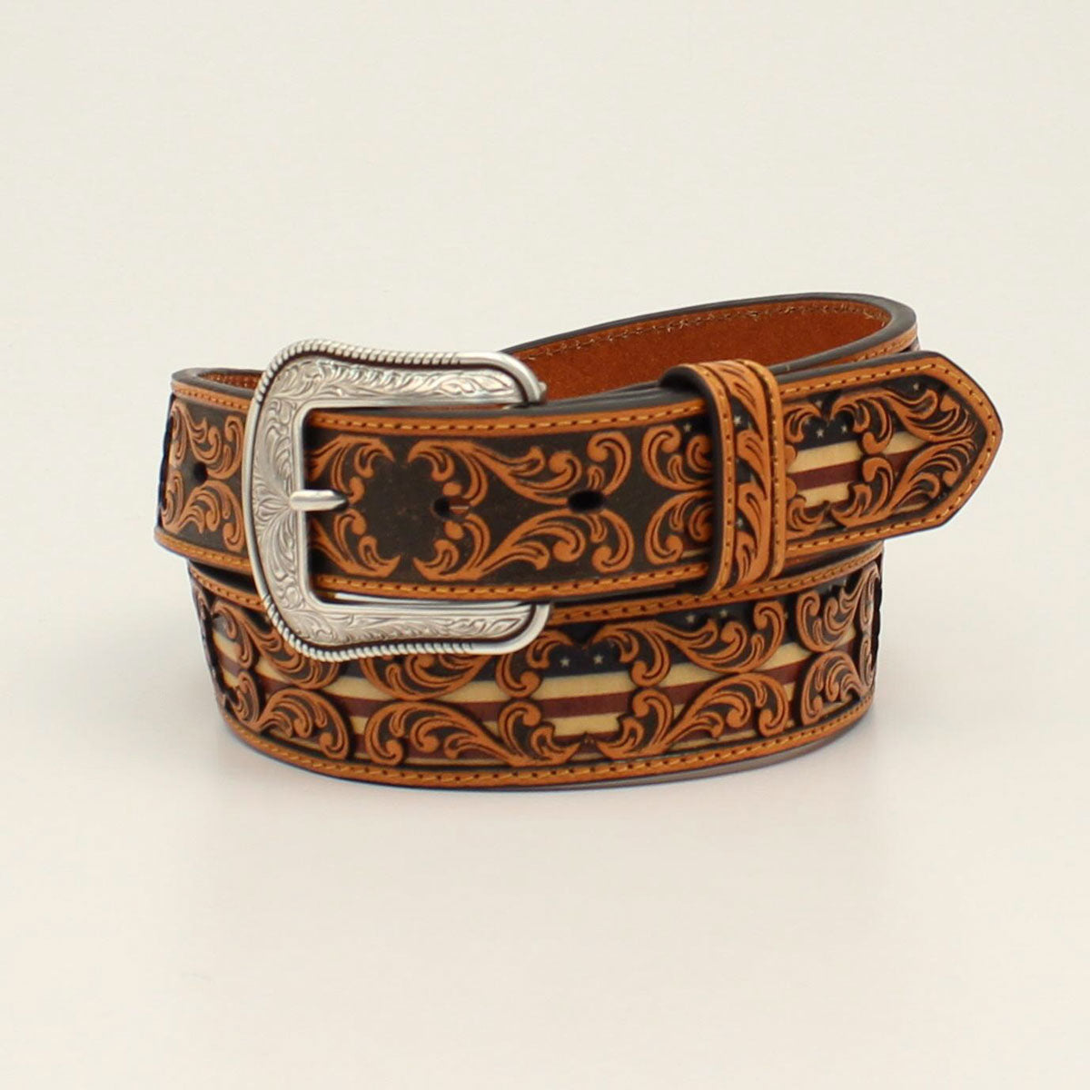 3-D Belts - Tooled Overlay USA Flag Belt