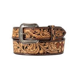3-D Belts Hand Tooled Floral Checkered Pattern Tan  1 3/4" - 1 1/2" Belt