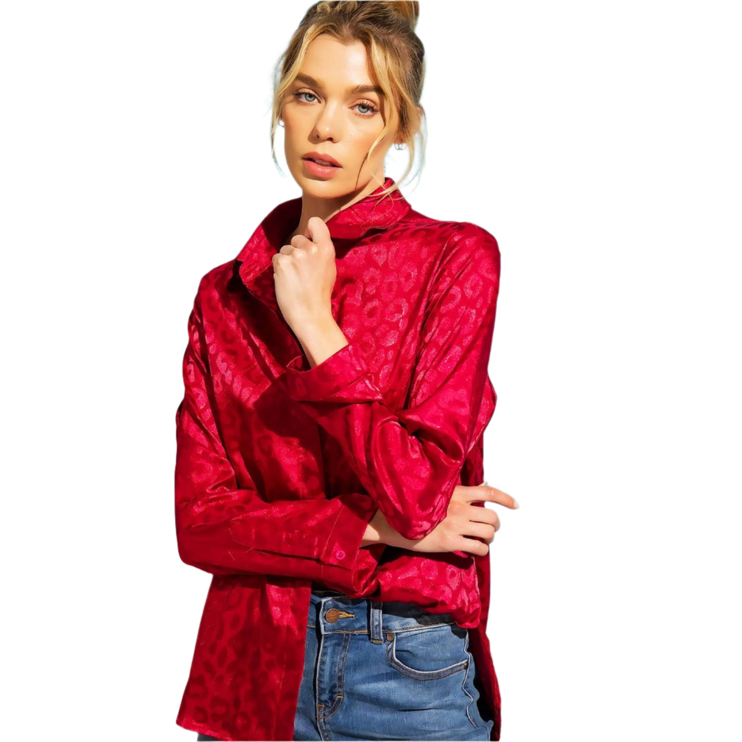 Sweet Generis Women's Long Sleeve Shirt - Satin Leopard Burgundy