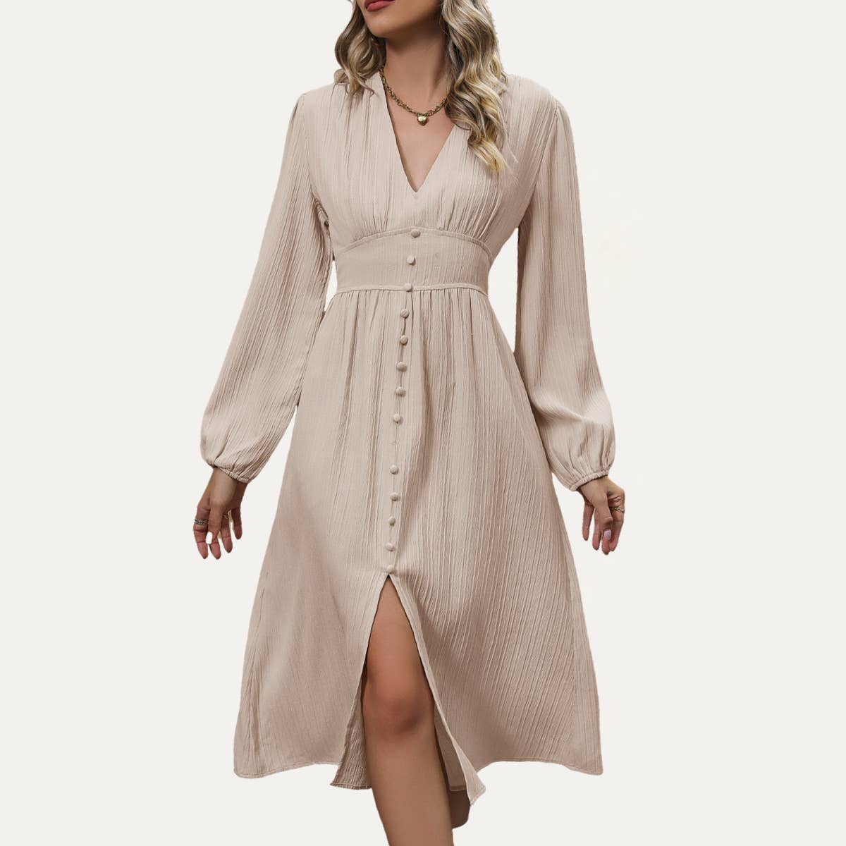 The Moment Collection - Memorable Beige Textured Button-Front Long Sleeve Midi Dress