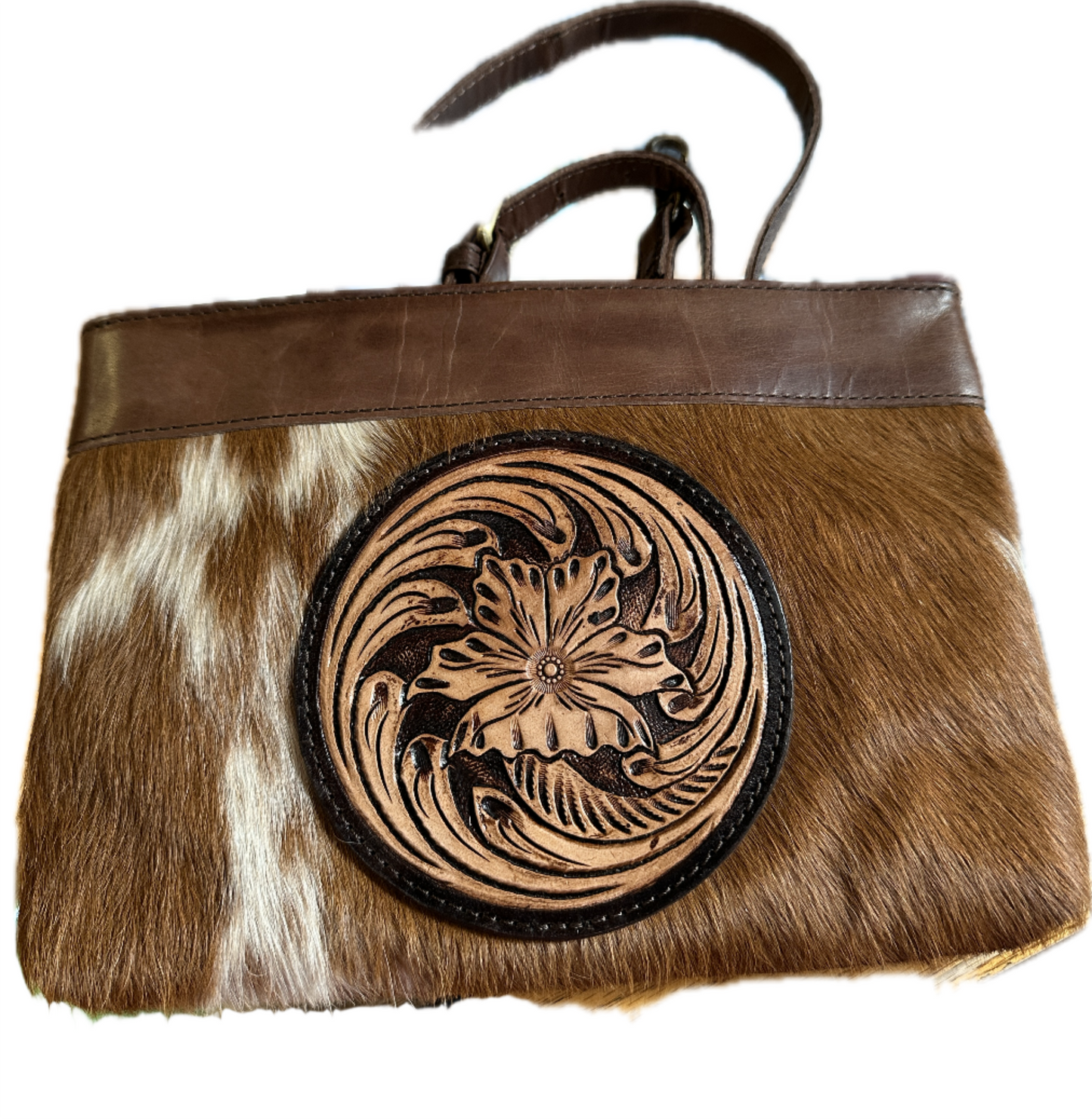 Western Fashion Handmade Oil Calf Brown Leather Floral Tooled Medallion Bag