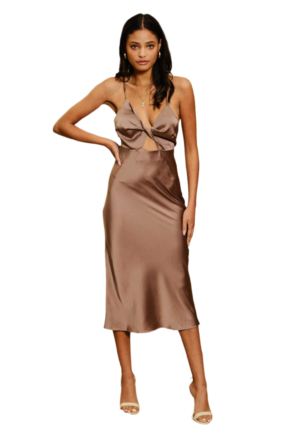 Endless Blu Front Twist Detail Cami Stretch Satin Bias Dress -Smoke Diamond W Western Wear Endless Blu Front Twist Detail Cami Stretch Satin Bias Dress -Smoke Diamond W Western Wear