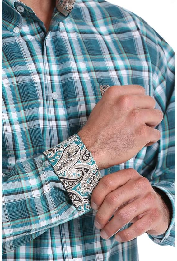 Cinch Men's Long Sleeve Western Shirt - Green, Teal, Brown & Cream Plaid