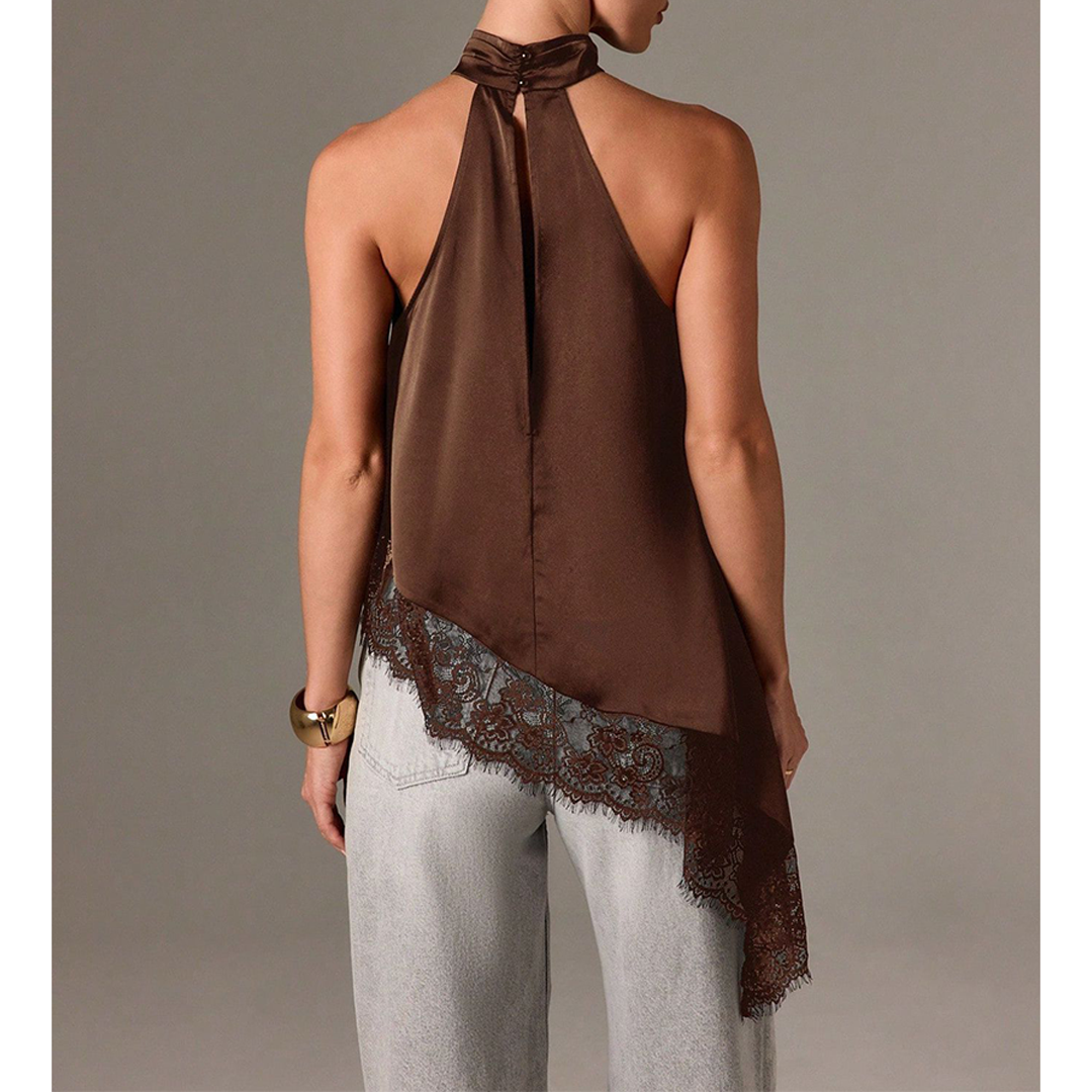 UNISHE - Sleeveless Satin Lace Trim Halter Cami Top Brown