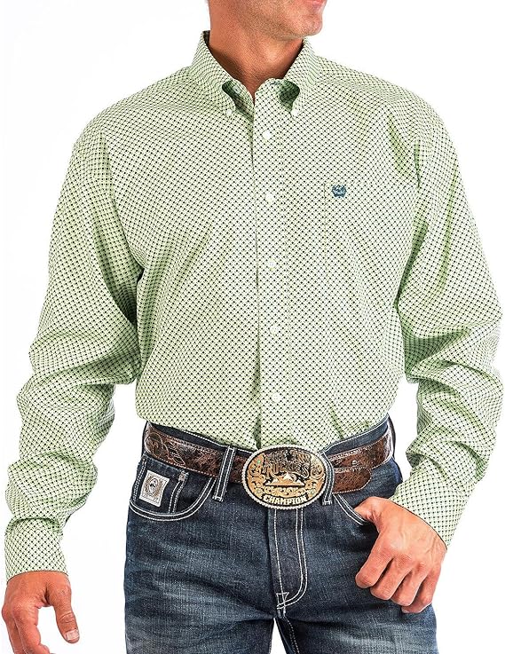 Cinch Men's Long Sleeve Western Shirt - Geometric Print Lime, Green & White