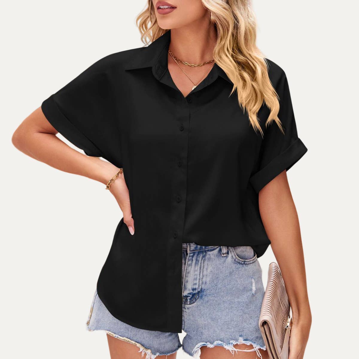 The Moment Collection - Causal Time Button-Up Short Sleeve Collared Satin Shirt Black