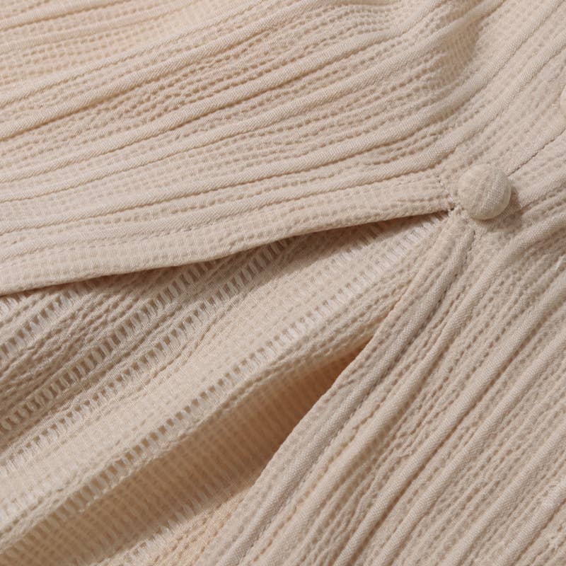 The Moment Collection - Memorable Beige Textured Button-Front Long Sleeve Midi Dress