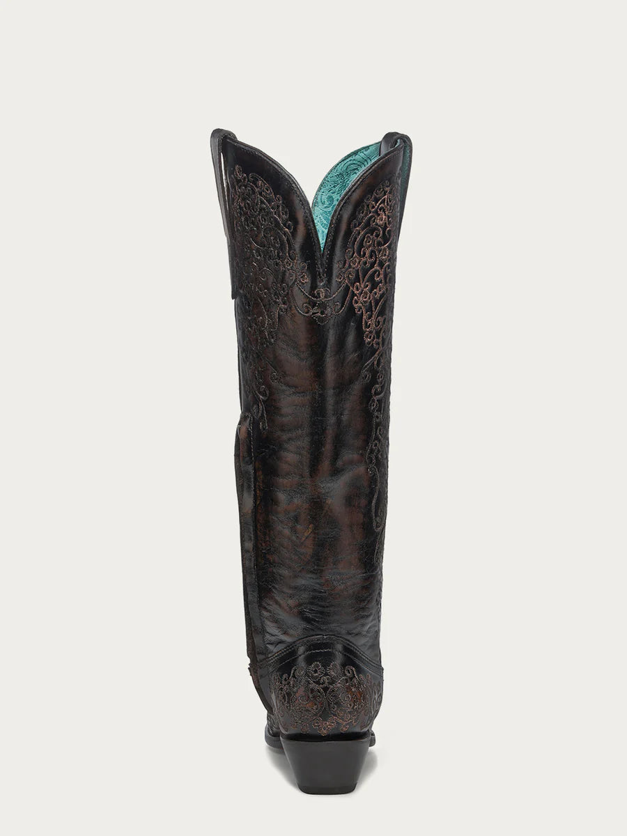 Corral Boots Women's Floral Embroidery Black and Honey Snip Toe Tall Top Boots