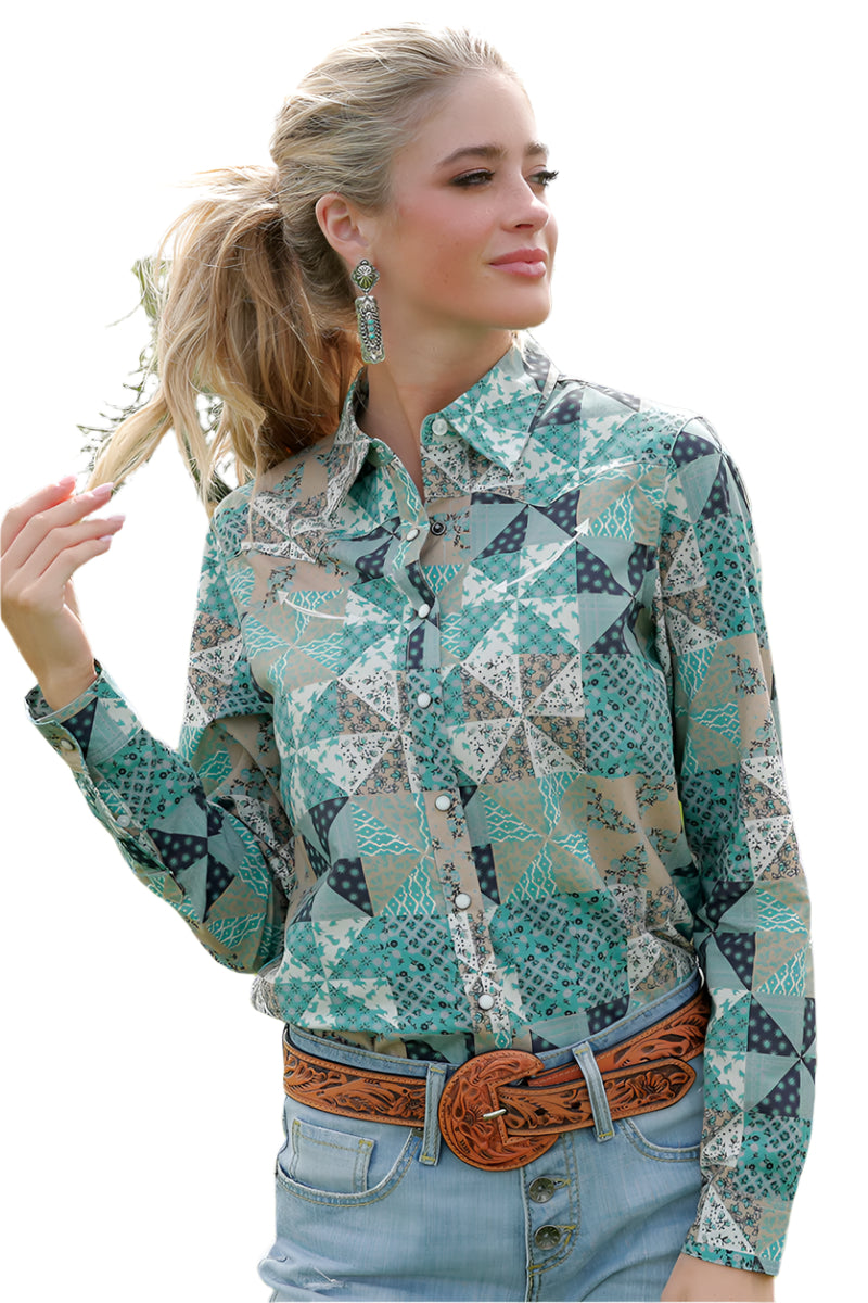 Cruel Denim Women's Long Sleeve Blue's and Tan Geometric and Floral Print Shirt