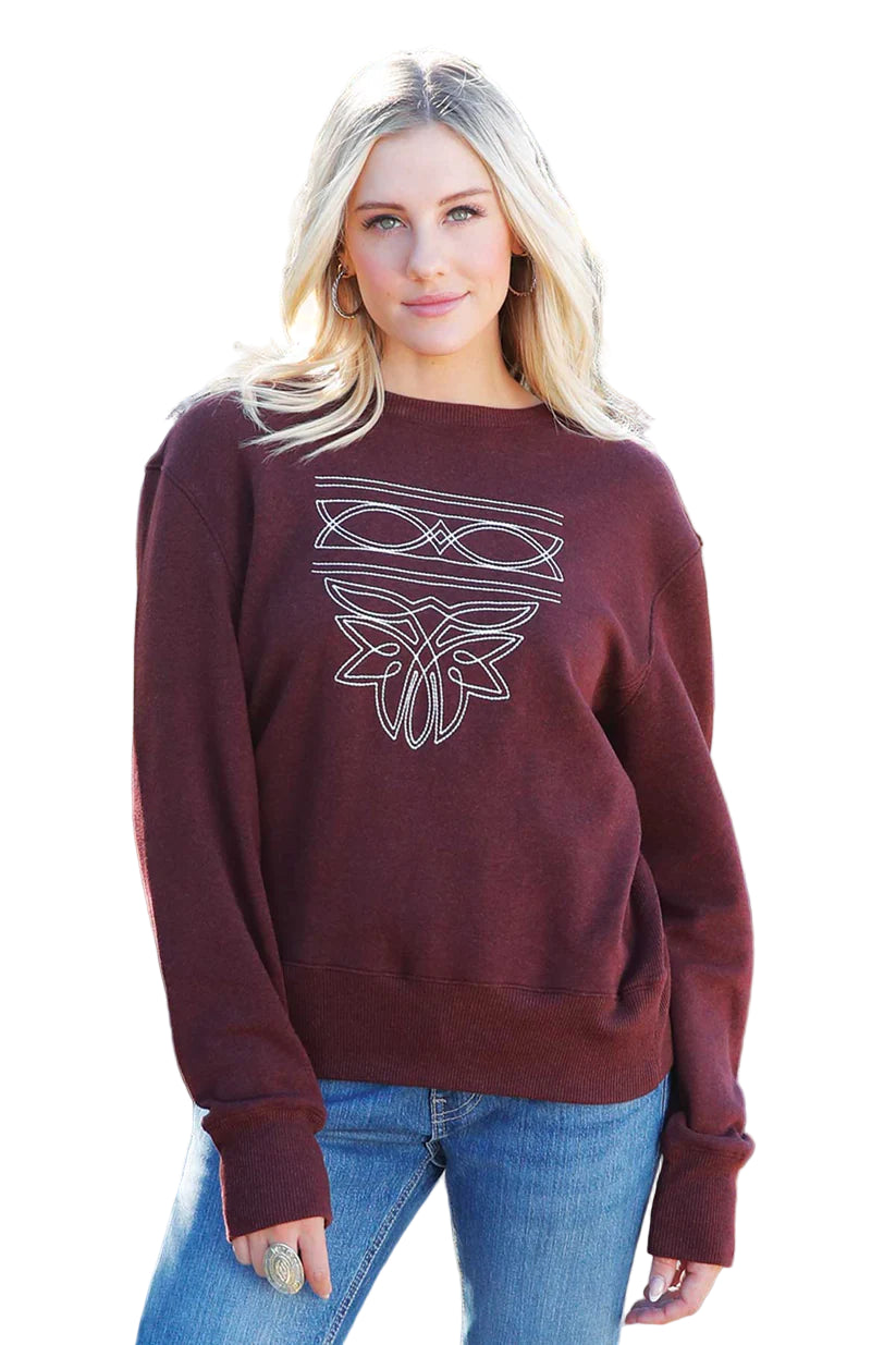 Cruel Denim Women's Burgundy Boot Stitch Embroidered Pullover Sweatshirt