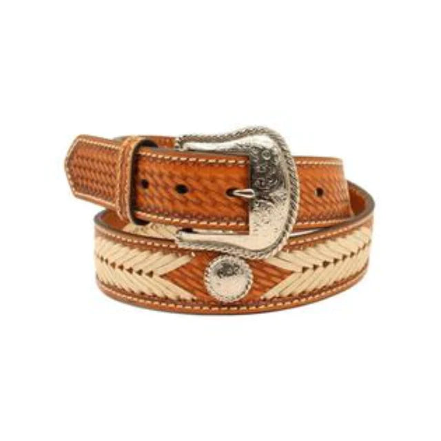 Nocona Brown Basket Weave Belt with Rawhide Chevron Lacing