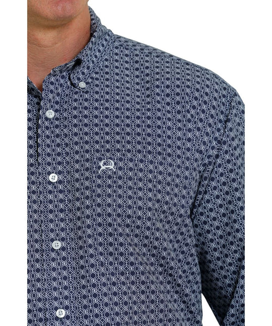 Cinch Men's Arenaflex Long Sleeve Geometric Print Button-Down Western Shirt - Navy & White