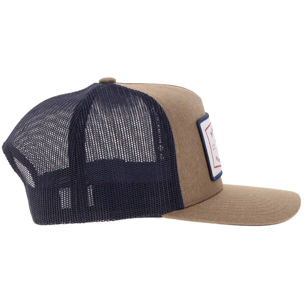 Hooey Ball Cap "Rank Stock" Hat Tan and Navy with Rectangle Patch