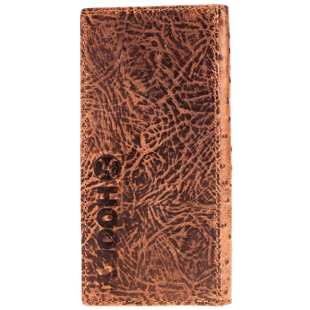 Hooey "Sawyer" Ostrich Print Leather Rodeo Wallet with Brown Overlay and Turquoise Accent