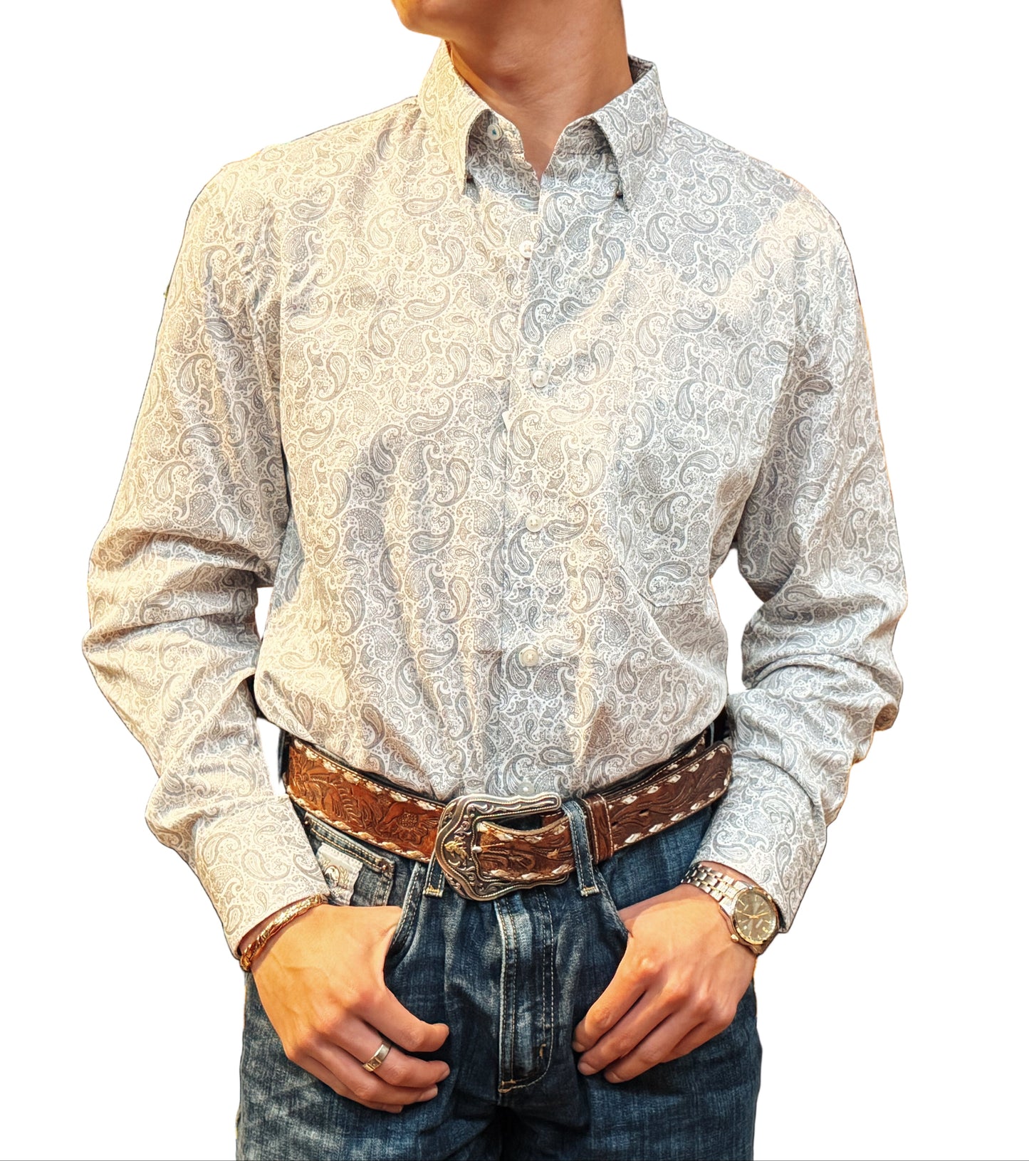 Wrangler Men's Classic Long Sleeve Cody Johnson Collection Gray and White Paisley