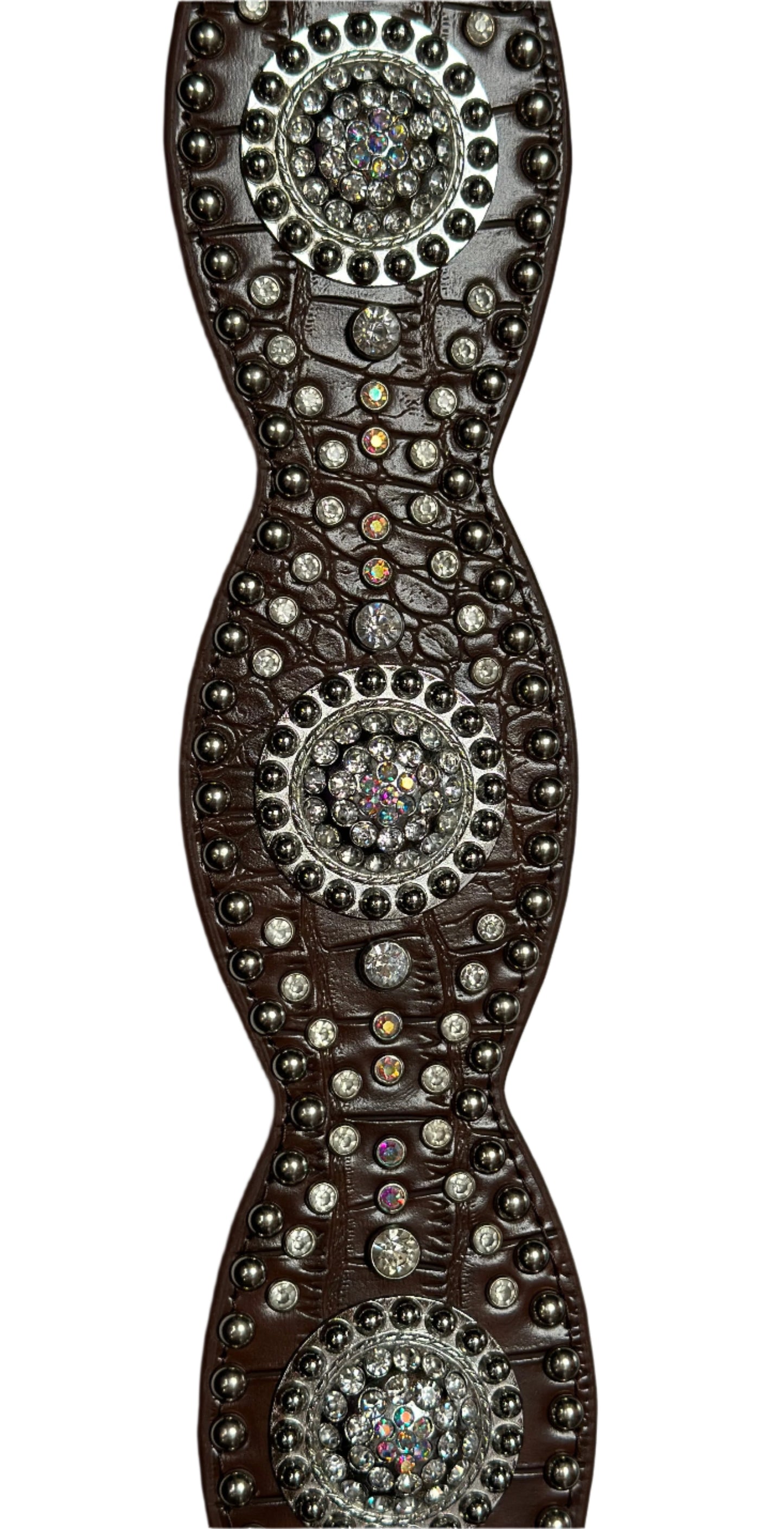 Nocona Belt Brown Leather with Alligator Print with Silver Conchos Adorned with Rhinestones