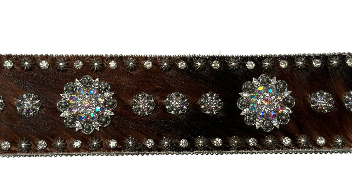 Nocona Belt Dressy Wide Brown Horsehair with Silver Conchos Adorned with Rhinestones