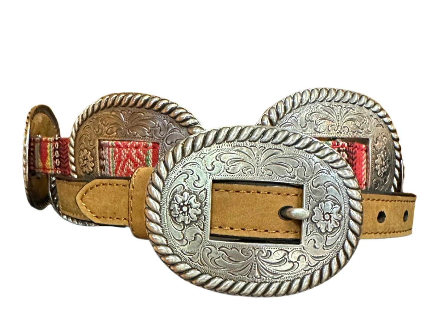 Nocona Belt - Thin Colorful Fabric Belt Woven Thru Silver Conchos
