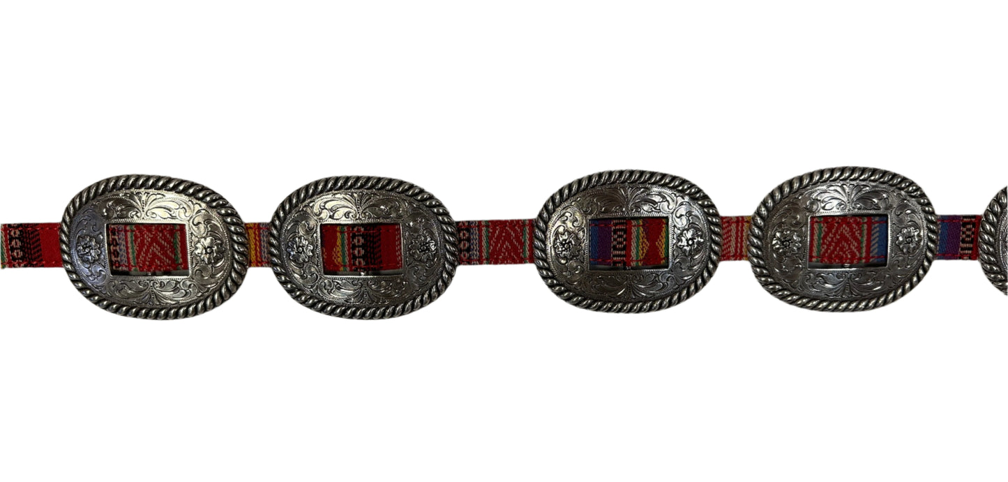 Nocona Belt - Thin Colorful Fabric Belt Woven Thru Silver Conchos