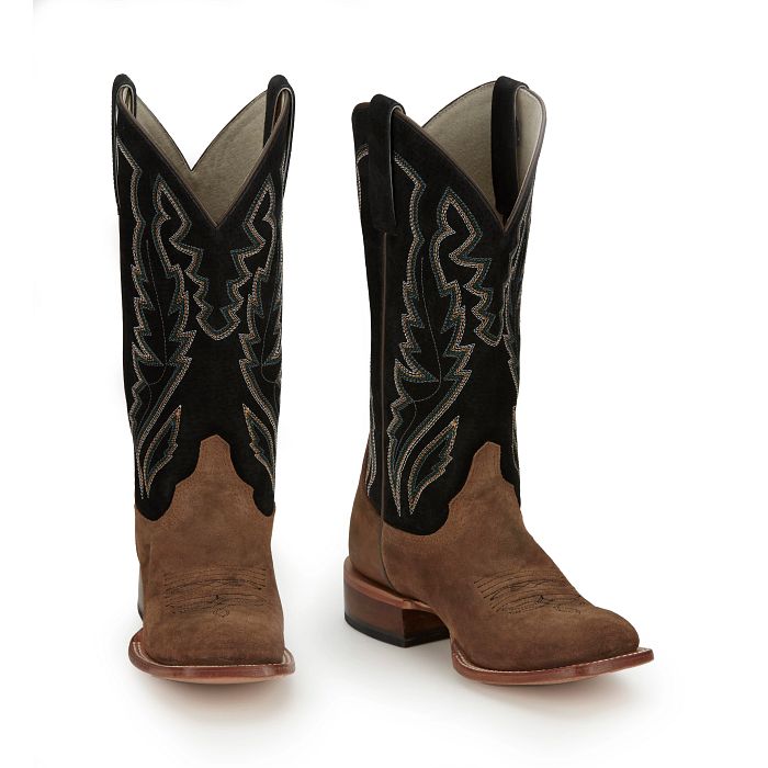 Justin Women's Boots - Palisade Brown Rough Out with Black & Green Tops & Square Toe