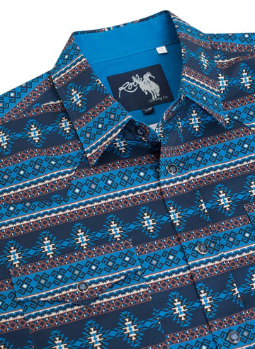 Rodeo Clothing Men's Western Pearl Snap Aztec Print Shirt in Blues