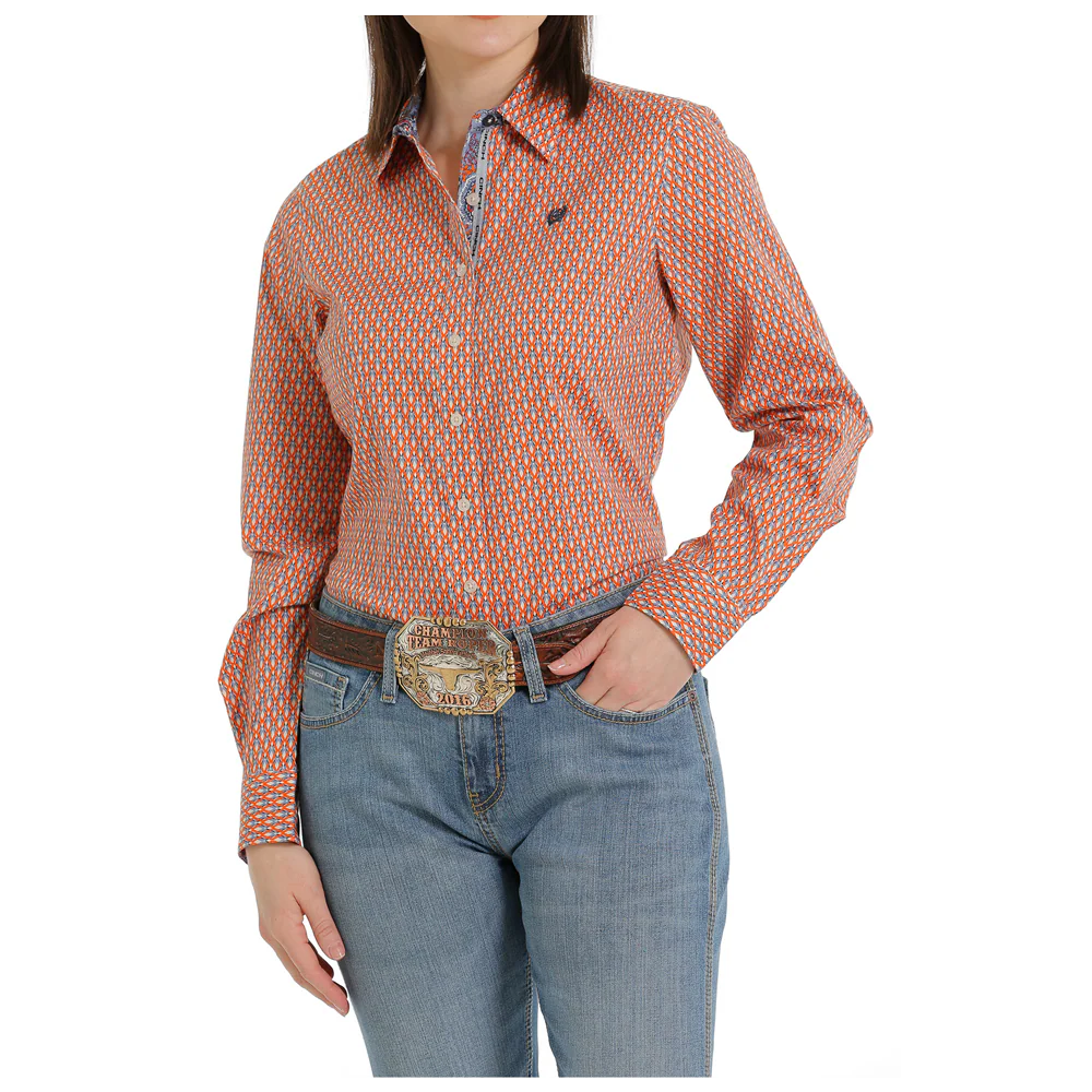 Cinch Women's Long Sleeve Shirt - Orange & Grey Diamond Pattern