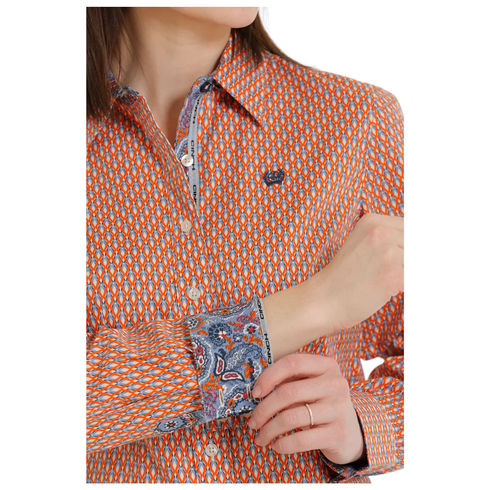 Cinch Women's Long Sleeve Shirt - Orange & Grey Diamond Pattern