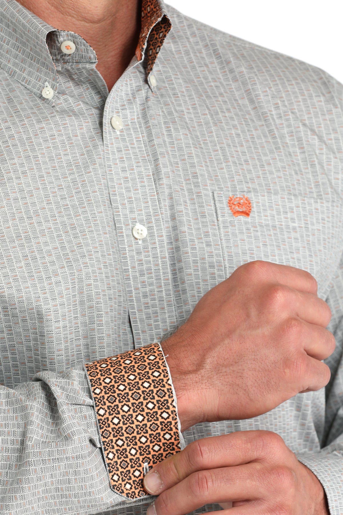 Cinch Men's Long Sleeve Western Shirt - Grey & Cream Geometric Print