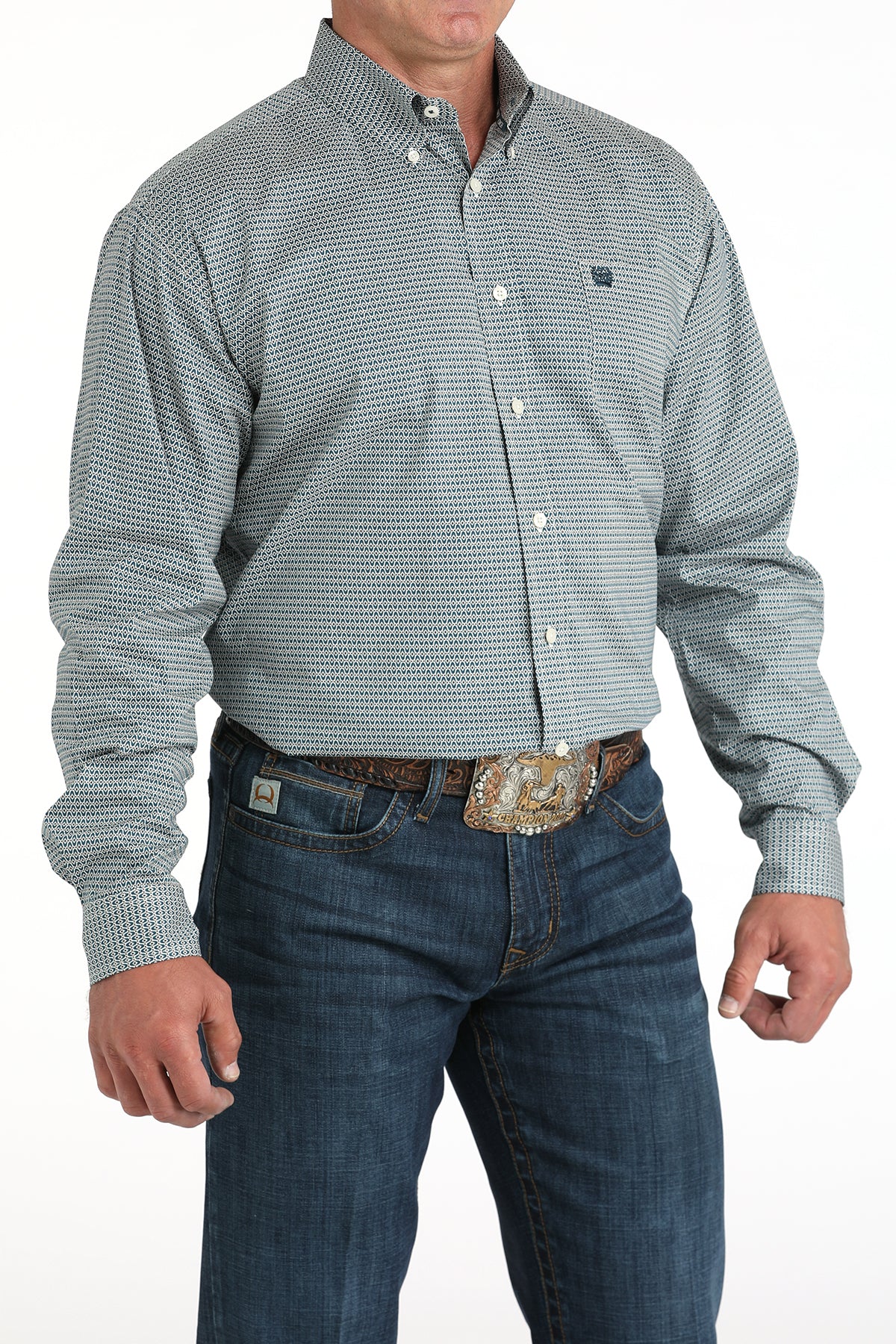 Cinch Men's Long Sleeve Western Shirt - Teal & White Geometric Print