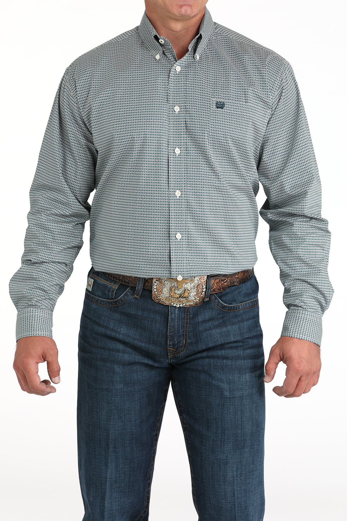 Cinch Men's Long Sleeve Western Shirt - Teal & White Geometric Print