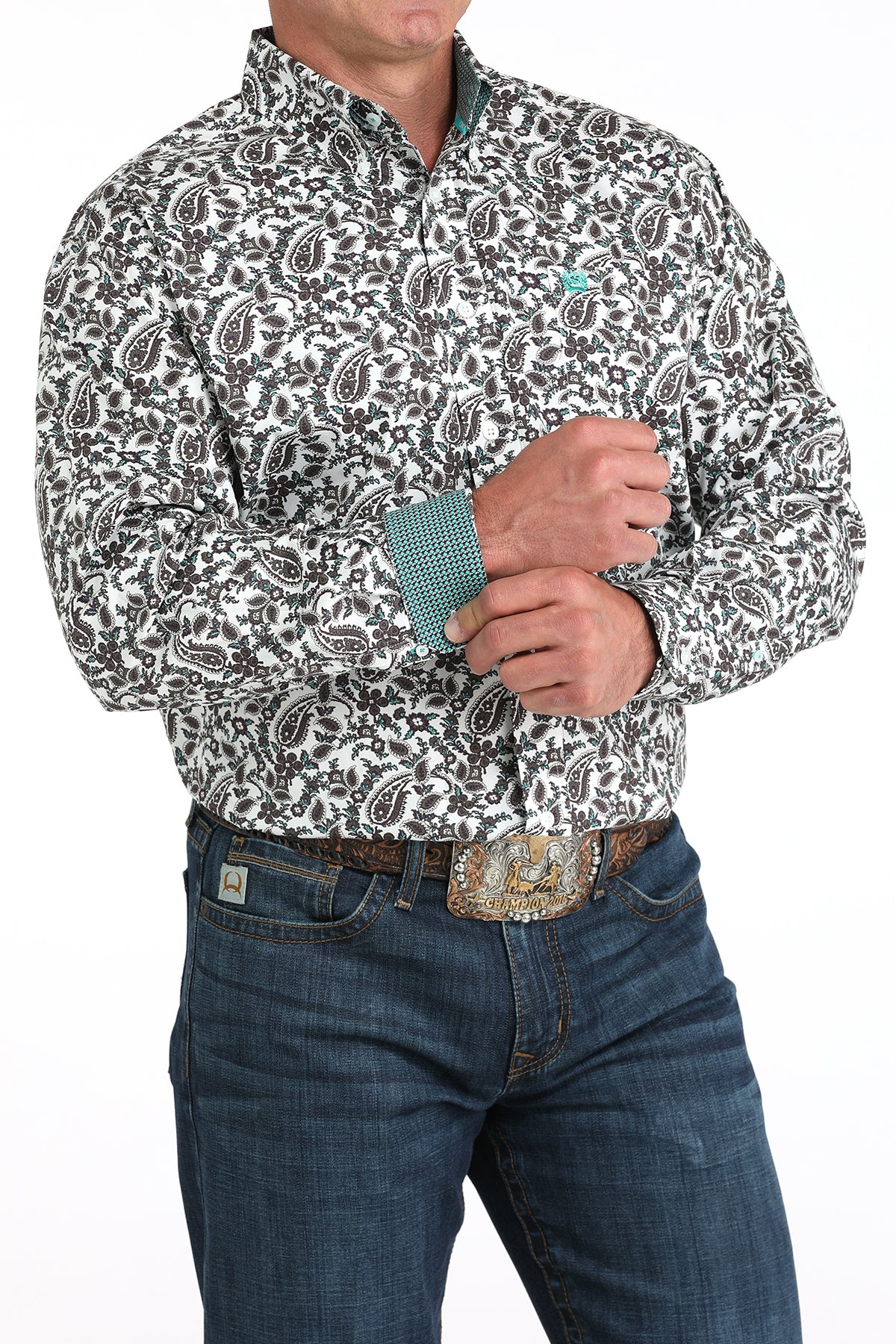 Cinch Men's Long Sleeve Western Shirt - Brown Paisley on White Print