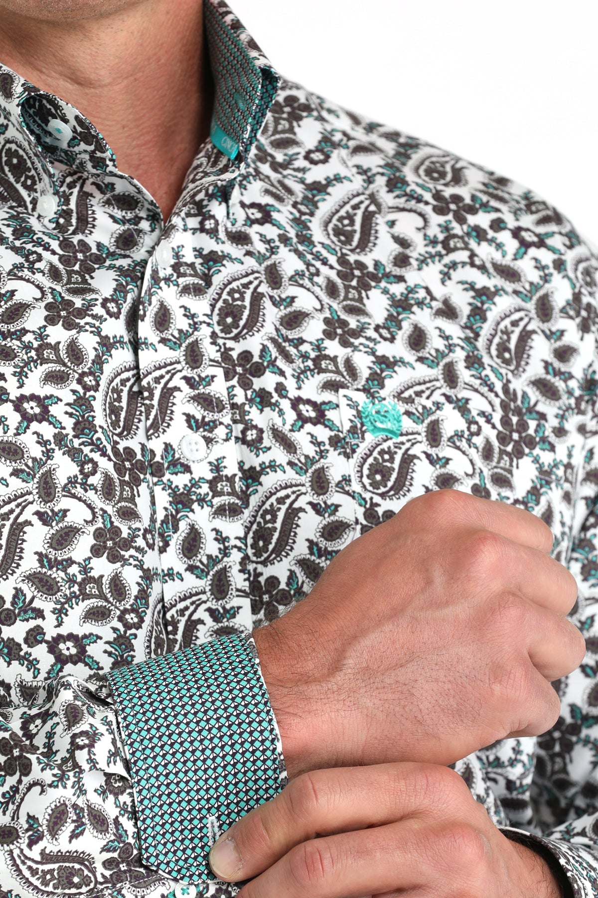 Cinch Men's Long Sleeve Western Shirt - Brown Paisley on White Print