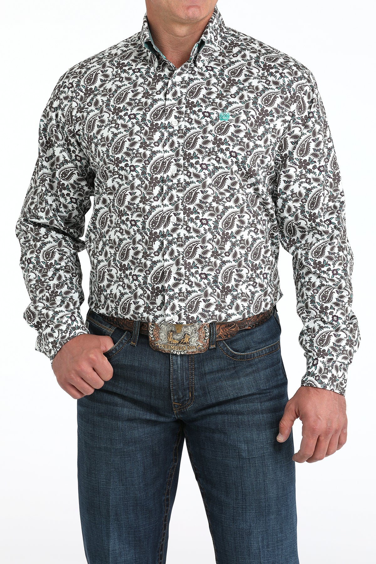 Cinch Men's Long Sleeve Western Shirt - Brown Paisley on White Print