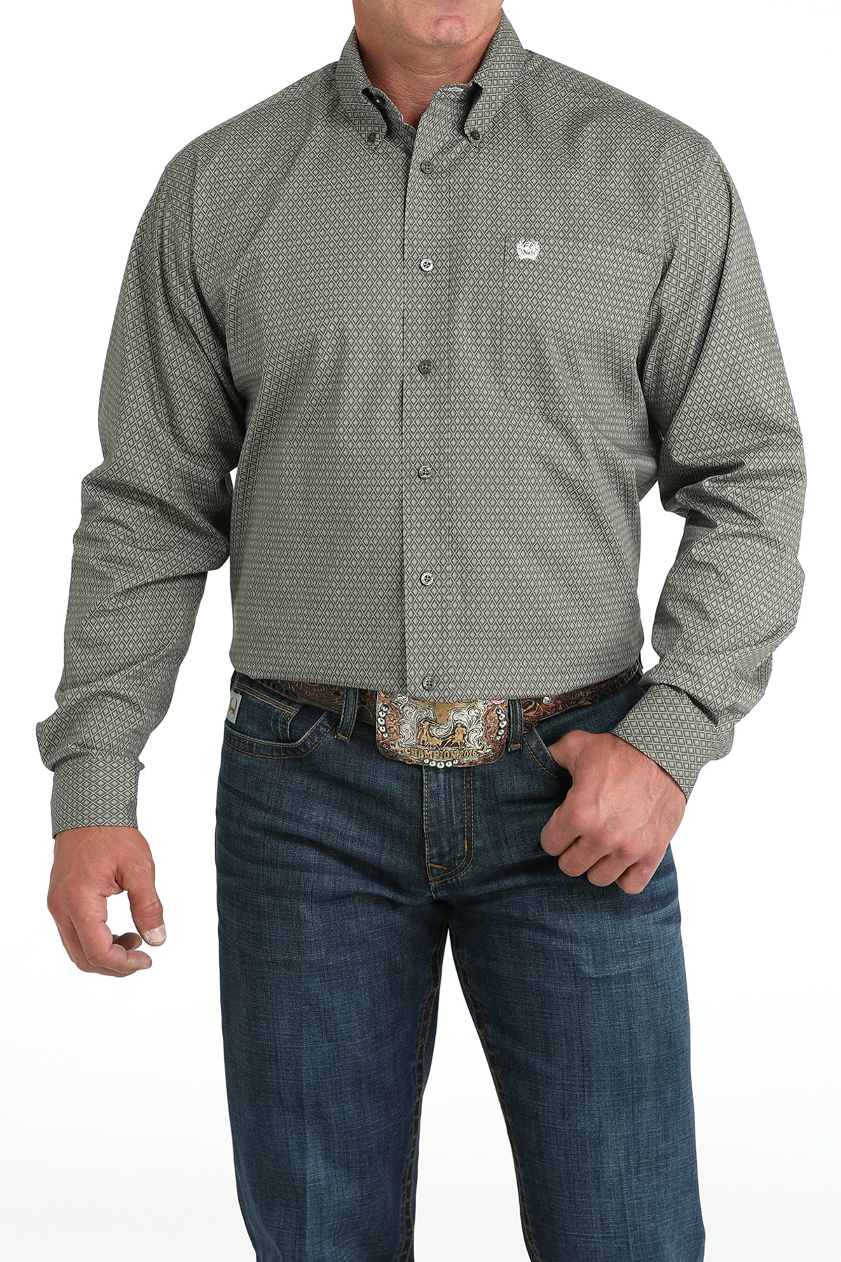 Cinch Men's Long Sleeve Western Shirt - Olive Geometric Print
