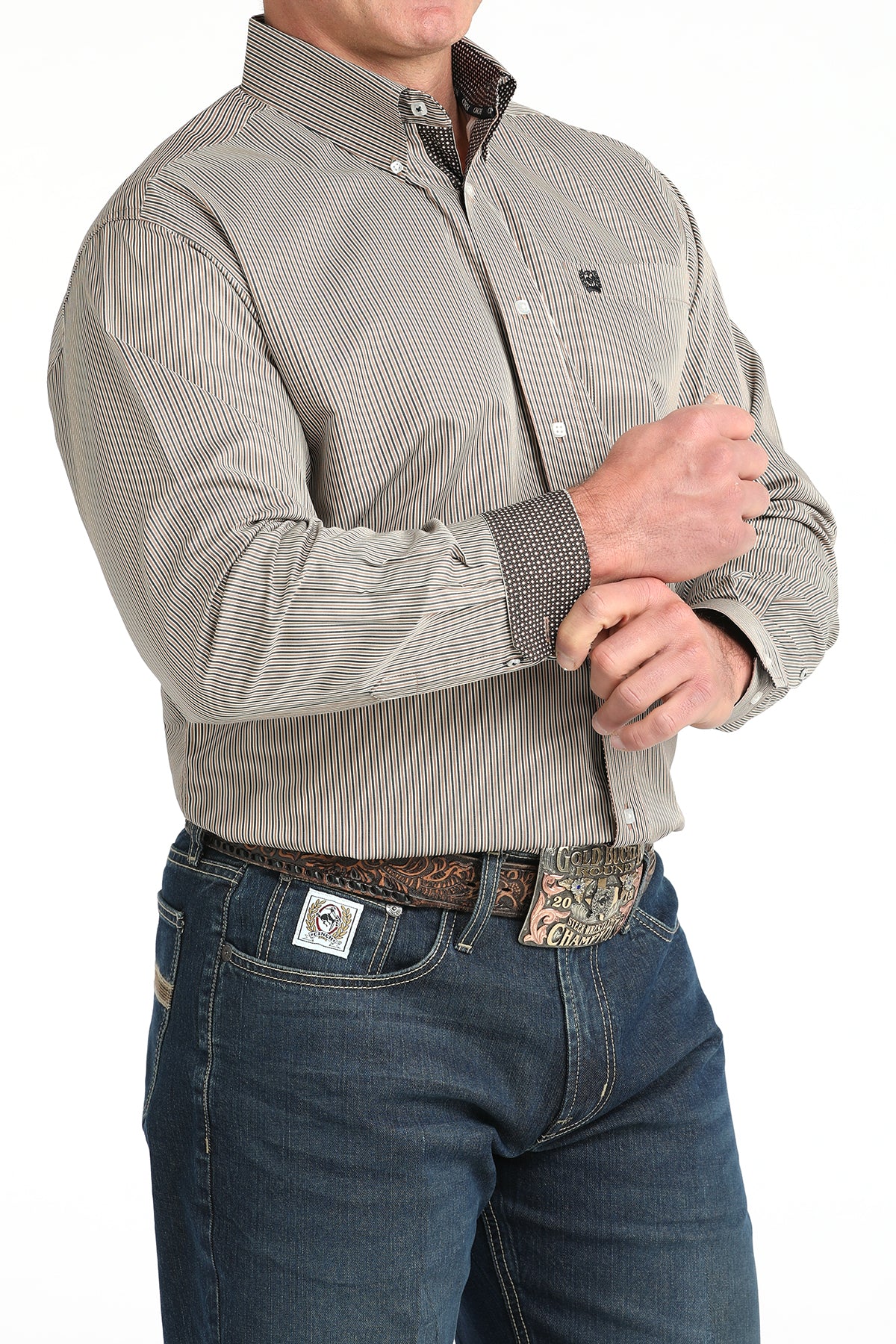 Cinch Men's Long Sleeve Western Shirt - Brown, Tan and White Stripe Print